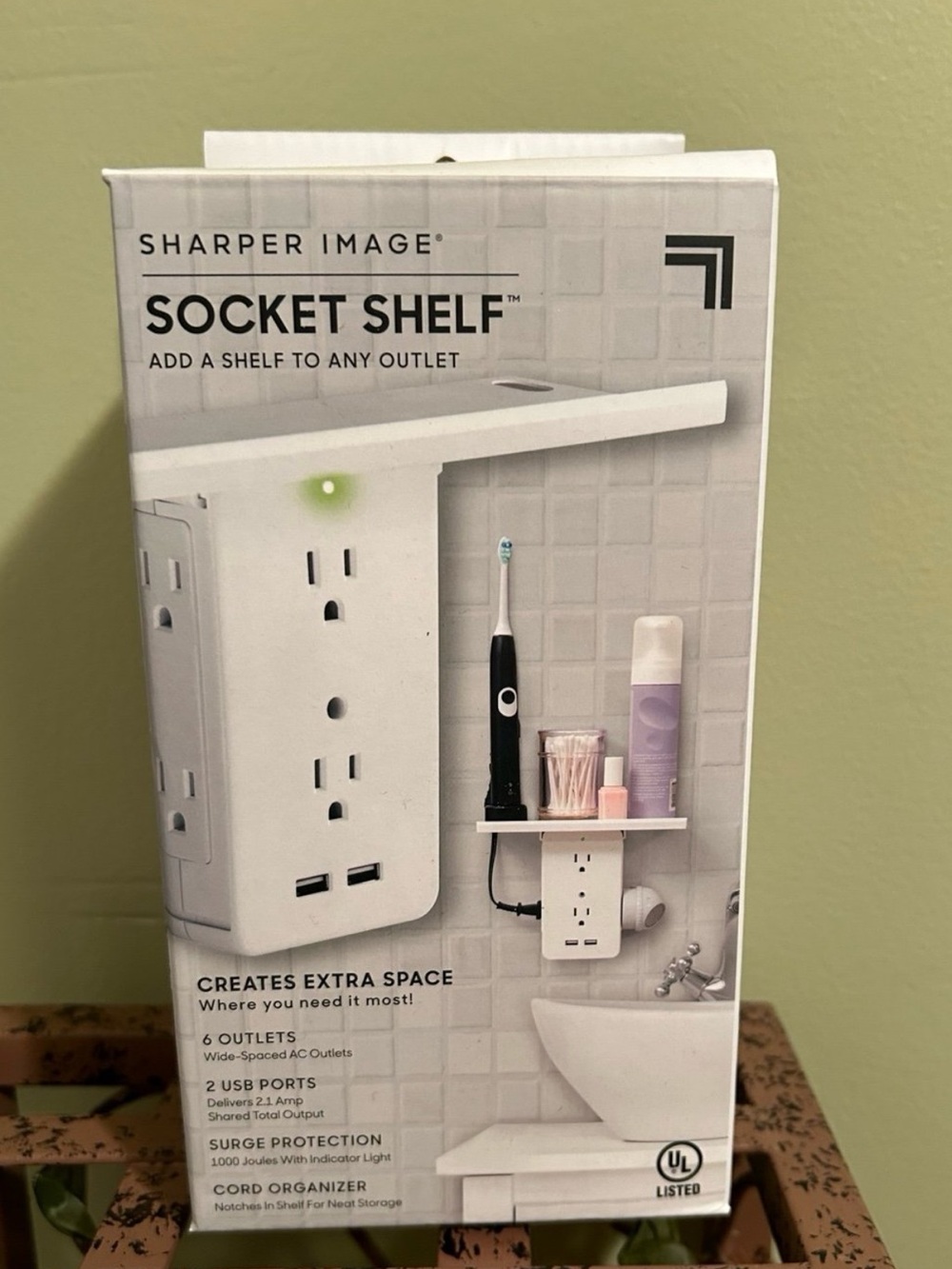 Sharper Image Socket Shelf 6 Power Outlet 2 Port USB Charger Surge Protector NIB
